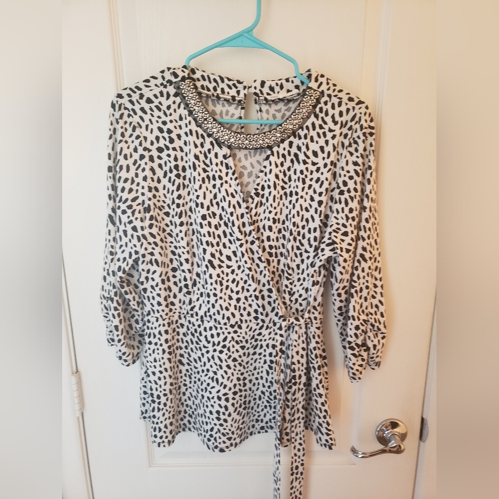 Sparkle Neckline Dalmatian Print Faux Wrap Peplum Top XL